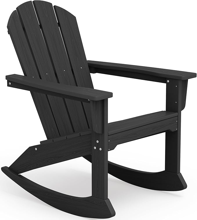 SERWALL Outdoor Adirondack Rocking Chair, All-Weather HDPE Porch Rocker Chair, Patio Adirondack Rocker Chair for Lawn Porch Deck, Black