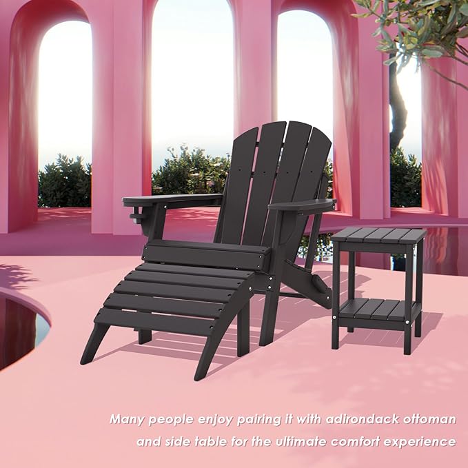 IVY&LANE Folding-Adirondack-Chairs-Set-of-2 | HDPE Plastic | Outdoor Fire Pit Chair with Cup Holder | Black | Poly | Weather Resistant | for Patio Deck Poolside Garden Beach
