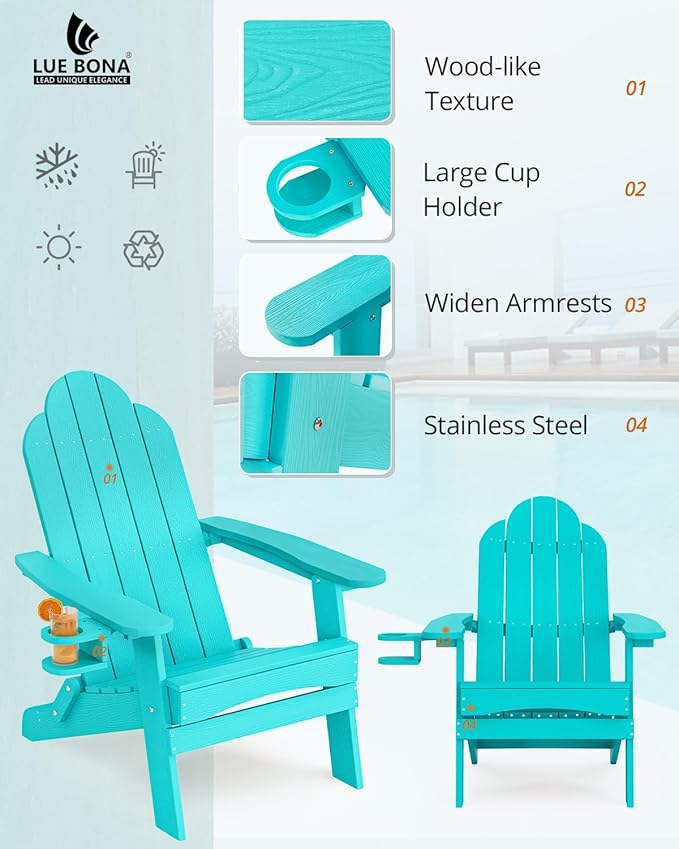 LUE BONA Folding Adirondack Chair, Chairs Set of 2, Cup Holder, Woodgrain, Fire Pit, Patio, Pool, Aruba Blue