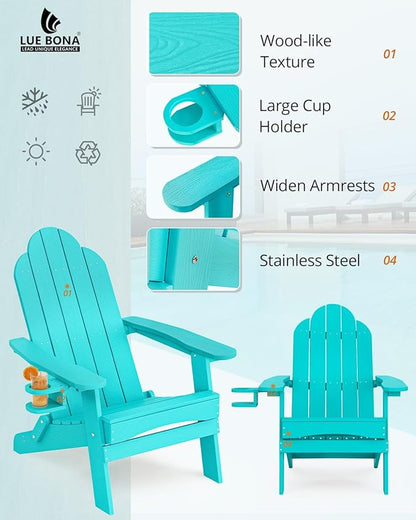LUE BONA Folding Adirondack Chair, Chairs Set of 2, Cup Holder, Woodgrain, Fire Pit, Patio, Pool, Aruba Blue