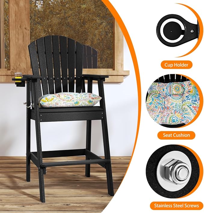 Sundale Outdoor Tall Adirondack Chairs, 30 Inch Seat Height Patio Adirondack Bar Stool, HDPE Pub Chair with Backrest - Photo 4