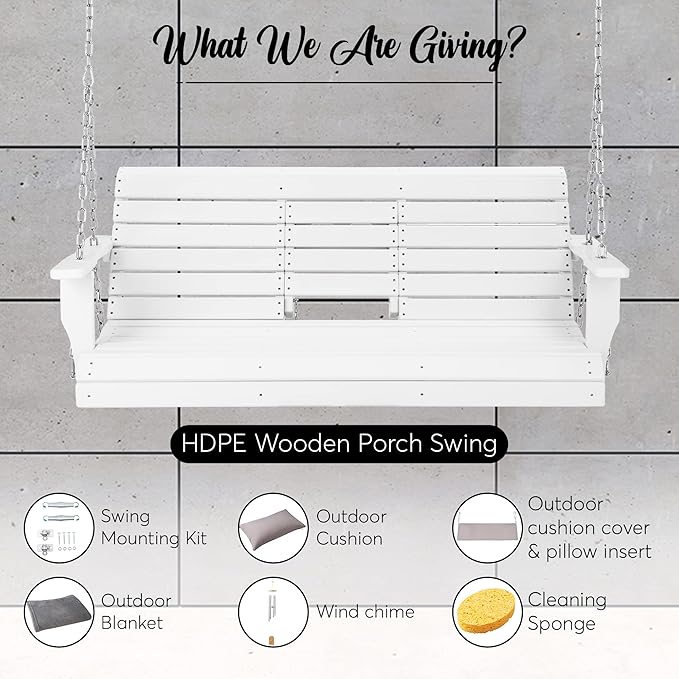 Premium Poly Lumber Porch Swing with Mounting Kit – All-Weather HDPE Hanging Bench with Cup Holders & Steel Chains for - Photo 5