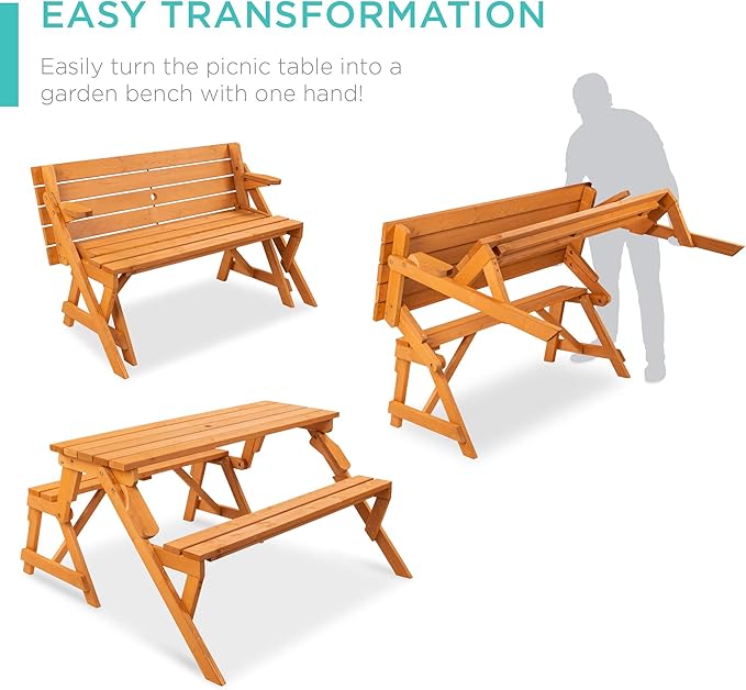 Best Choice Products 2-in-1 Transforming Interchangeable Outdoor Wooden Picnic Table Garden Bench for Backyard, Porch - Photo 2