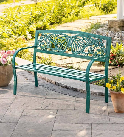 Wind & Weather Teal Iron Butterfly Garden Bench 4-Feet Wide by 2.75-Feet High by 1.75-Feet Deep Sturdy, Powder-Coated Bench for All Seasons, Adds Pop of Gorgeous Color to Your Garden