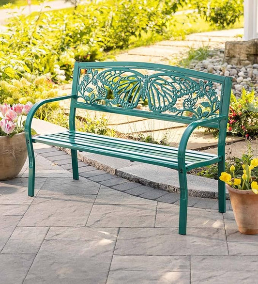 Wind & Weather Teal Iron Butterfly Garden Bench 4-Feet Wide by 2.75-Feet High by 1.75-Feet Deep Sturdy, Powder-Coated Bench for All Seasons, Adds Pop of Gorgeous Color to Your Garden