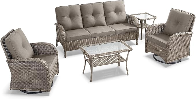 5 Pieces Wicker Patio Furniture Set-Outdoor Swivel Rocker Patio Chairs Patio Sofa Set with Tempered Glass Top Outdoor Coffee Table for Deck Lawn Porch Balcony Poolside-Grey/Grey