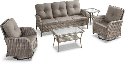 5 Pieces Wicker Patio Furniture Set-Outdoor Swivel Rocker Patio Chairs Patio Sofa Set with Tempered Glass Top Outdoor Coffee Table for Deck Lawn Porch Balcony Poolside-Grey/Grey