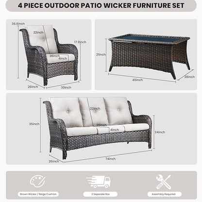 Belord Patio Wicker Furniture 4 Pieces Outdoor Furniture Set Patio Sofa Set with Wicker Chairs and Coffee Table, Paito Conversation Set for Porch Garden Deck Balcony Poolside