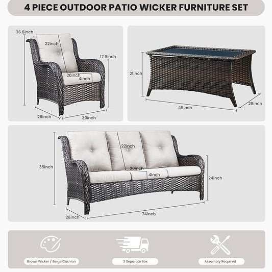 Belord Patio Wicker Furniture 4 Pieces Outdoor Furniture Set Patio Sofa Set with Wicker Chairs and Coffee Table, Paito Conversation Set for Porch Garden Deck Balcony Poolside
