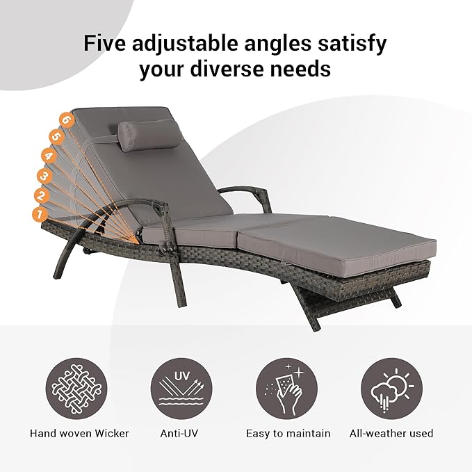 KEIKI Wicker Outdoor Chaise Lounge Chairs Set of 2 for Patio & Pool Side with 5-Level Adjustable Backrest and Cushions - Photo 4