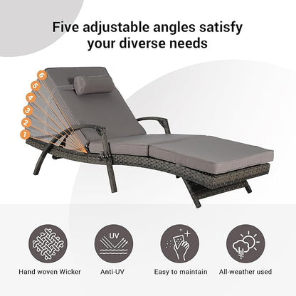 KEIKI Wicker Outdoor Chaise Lounge Chairs Set of 2 for Patio & Pool Side with 5-Level Adjustable Backrest and Cushions, Garden Beach Upholstered Couches Folding Sun Reclining Sofa Bed