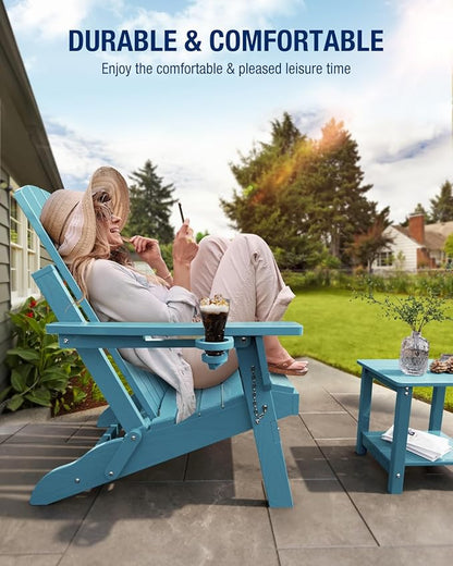Adirondack Chair with Cup Holder: Folding Adirondack Chairs Plastic HDPE Material Furniture - Composite Fire Pit Chairs Foldable for Outdoor/Backyard/Garden/Lawn/Deck/Porch/Patio