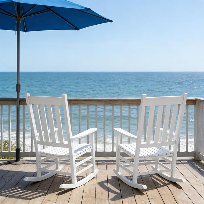 2Pcs Wooden Rocking Chairs, Wood Classic Slatted Patio Porch Rockers for Porches, Backyards, Poolside Balconies, Decks(White)