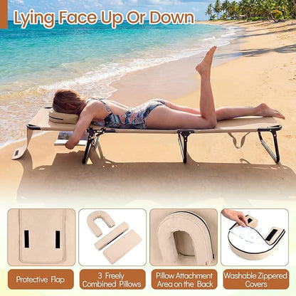 Giantex Tanning Chair, Adjustable Patio Lounge Chair w/Face Hole, Removable Pillows, Carry Strap, Layout Chair, Folding Beach Sunbathing Chair, Outdoor Chaise Lounge for Poolside Yard Lawn (1, Beige)