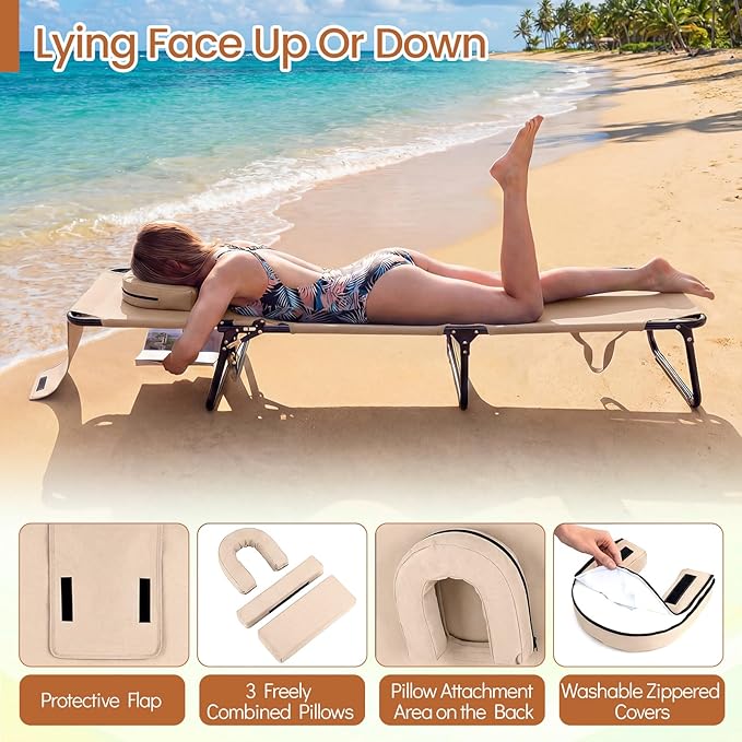 COSTWAY Tanning Chair with Face Hole, Pillows & Adjustable Backrest, Folding Chaise Lounge for Sunbathing, Beach, Seaside (1, Beige)