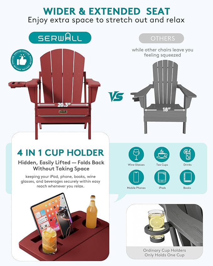 SERWALL Folding Adirondack Chair Set of 4, Outdoor Adirondack Chairs with 4 in 1 Cup Holder, Wood Texture Patio Chairs - Photo 5