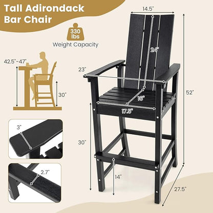 Giantex 52” Tall Adirondack Chair Set of 4, HDPE Outdoor Bar Stool with Ergonomic Backrest, Armrests, Footrest, Fire Pit Chair, All Weather Patio Bistro Chair for Yard, Garden, Lawn (Black)