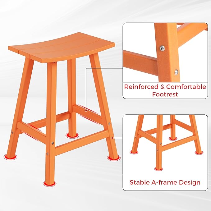 Costaelm All-Weather Bar Stools Set of 3, 24" Height Outdoor Bar Stools, Adirondack Poly Patio Bar Stool for Patio, Deck, Kitchen Counter and Garden, Orange