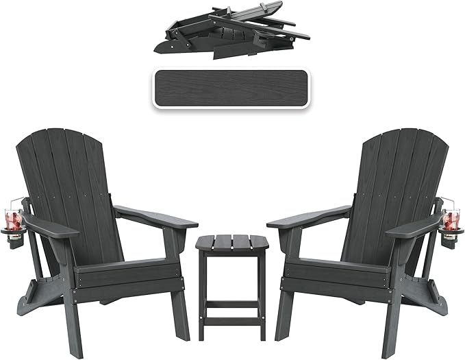 Folding Adirondack Chairs and Table 3-Piece Set, HDPE All Weather Resistant Plastic Outdoor Patio Chairs with Cup Holder, Heavy Duty Fire Pit Seating for Backyard Garden, Wooden Textured(Grey)