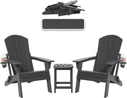 Folding Adirondack Chairs and Table 3-Piece Set, HDPE All Weather Resistant Plastic Outdoor Patio Chairs with Cup Holder, Heavy Duty Fire Pit Seating for Backyard Garden, Wooden Textured(Grey)