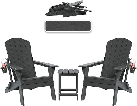 Folding Adirondack Chairs and Table 3-Piece Set, HDPE All Weather Resistant Plastic Outdoor Patio Chairs with Cup Holder, Heavy Duty Fire Pit Seating for Backyard Garden, Wooden Textured(Grey)