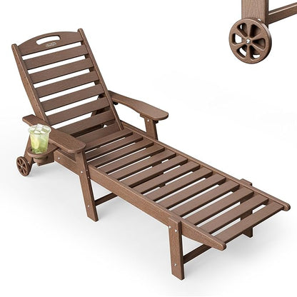 Chaise Lounge Outdoor, Lounge Chair Outdoor with Wood Texture, Adjustable 5-Position Backrest, HDPE Lounge Chair with Wheels & Cup Holder for Pool Deck Backyard, Brown