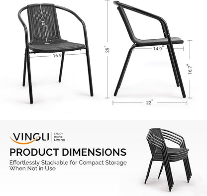 VINGLI PE Rattan Outdoor Dining Chairs Set of 2, Plastic Stackable Patio Chairs for Indoor, Porch, Restaurant, Garden, Black