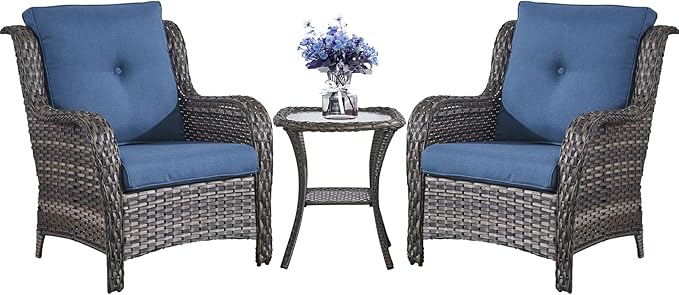 Belord Patio Chairs Outdoor Furniture Set, 3 Peices Porch Wicker Furniture with Side Table, Deep Seating Patio Bistro Chair Sets (Blue Cushion)