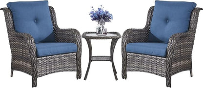 Belord Patio Chairs Outdoor Furniture Set, 3 Peices Porch Wicker Furniture with Side Table, Deep Seating Patio Bistro Chair Sets (Blue Cushion)