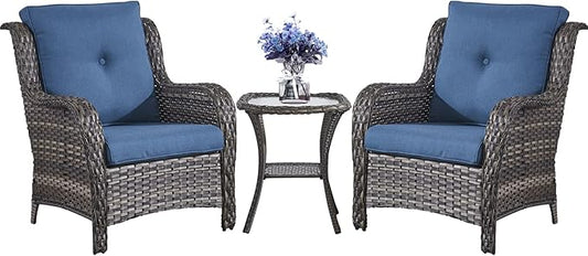 Belord Patio Chairs Outdoor Furniture Set, 3 Peices Porch Wicker Furniture with Side Table, Deep Seating Patio Bistro Chair Sets (Blue Cushion)