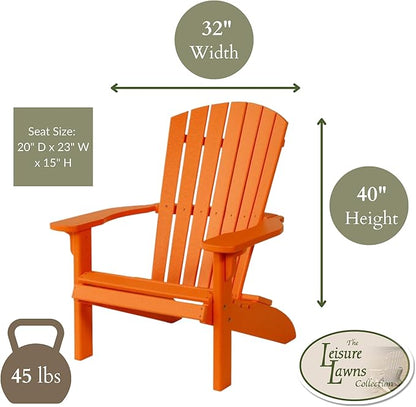 Leisure Lawns Poly Plastic Fanback Adirondack Chair, Outdoor Patio Chair - Amish Made in USA (Orange)