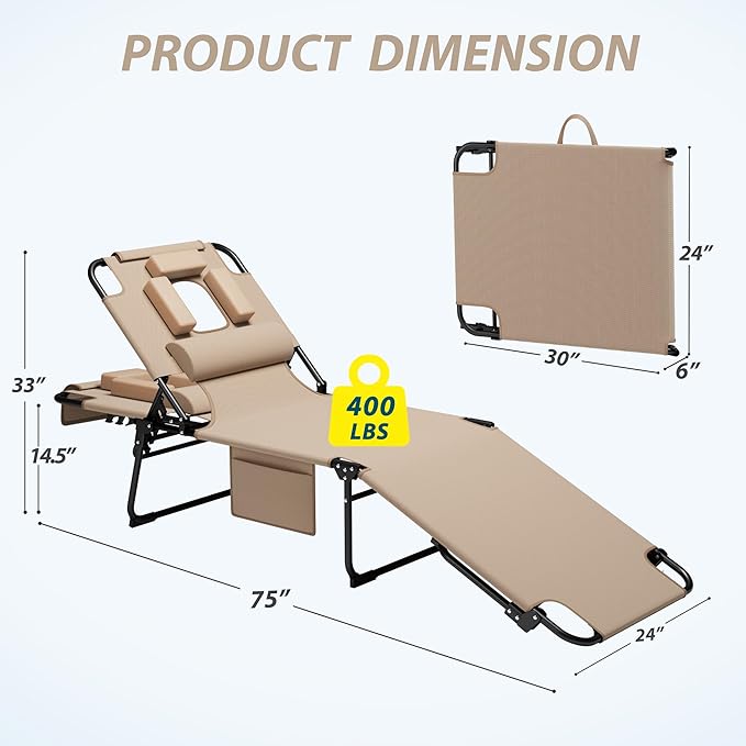 400lbs Tanning Chair, 5-Fold Beach Lounge Chair with Face Hole & 2 Side Pockets, Non-Slip Foot & Portable Handle, Beach Chaise Lounge for Patio/Pool/Lawn(1, Beige)