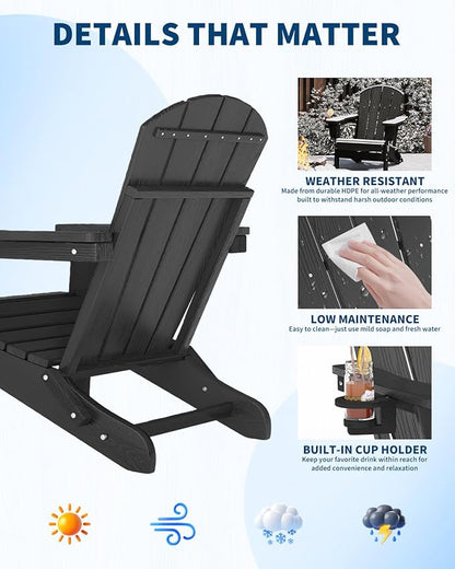 Folding Adirondack Chair Set of 5, All-Weather HDPE Outdoor Chair, Wooden Textured with Cup Holder for patios, Decks, Gardens, fire pits, Black