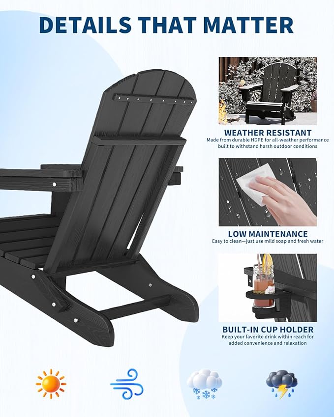 Garvee Folding Adirondack Chair Set of 4 with Ottoman, HDPE Outdoor Patio Chair with Cup Holder, All Weather Resistent Wooden Textured for patios, Decks, Gardens, fire Pit, Black