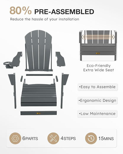 Folding Adirondack Chair, Patio Chair Wood Texture, Outdoor Chair Weather Resistant, Fire Pit Chair with Cup Holder, Composite Adirondack Chair Set of 2(Grey)
