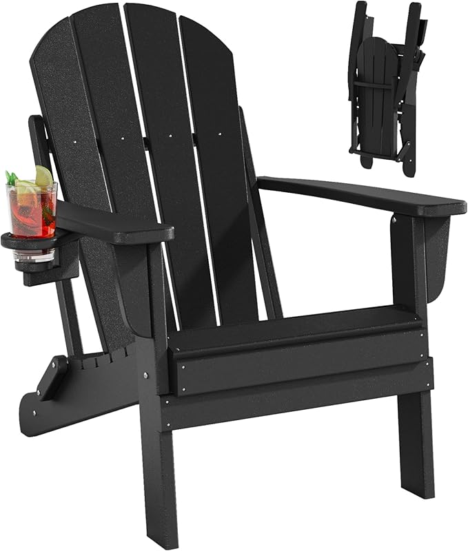 diromoti Folding Adirondack Chairs Set, All-Weather Resistant HDPE Patio Firepit Chairs, Sturdy Outside Chairs with Cup Holder, Lawn Chairs, 80% Pre-Installed Load Capacity 385lb, Black