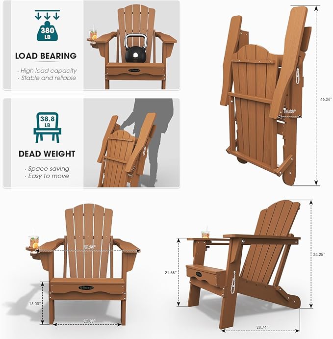 Folding Adirondack Chair Set of 8, HDPE All-Weather Outdoor Chair with Cup Holder, Wooden Textured, Fire Pit Chair - Photo 3