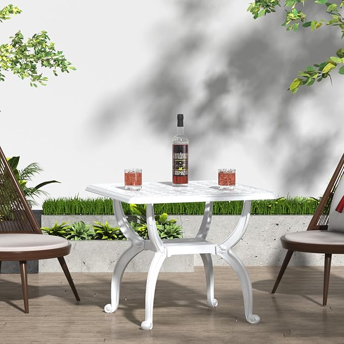 Square Outdoor Coffee Table Set of 2, Cast Aluminum Side Table with Storage,Indoor End Table, All-Weather Bistro Table for Patio Garden Lawn, White