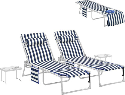 Outsunny Tanning Chair Set of 2 with Face Hole, Side Table, 5-Position Reclining Folding Chaise Lounge Chair Outdoor Lounger Recliner, Carry Straps for Beach Pool Camp, Oxford Fabric, Blue and White