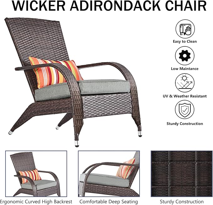 Wicker Adirondack Chair Fire Pit Chairs Oversized Comfy Patio Chairs Outdoor Wicker Rattan Chairs with Cushion Grey Low Deep Seating High Back with Pillow for Outside Backyard Deck Porch Lawn