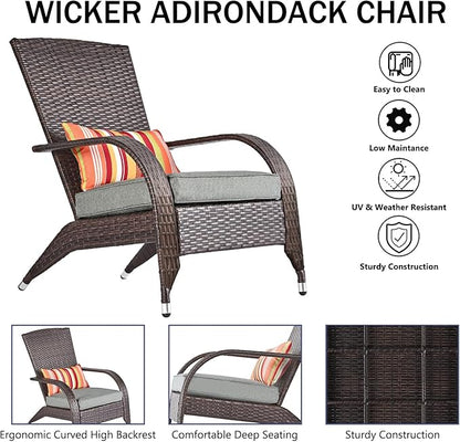 Wicker Adirondack Chair Fire Pit Chairs Oversized Comfy Patio Chairs Outdoor Wicker Rattan Chairs with Cushion Grey Low Deep Seating High Back with Pillow for Outside Backyard Deck Porch Lawn