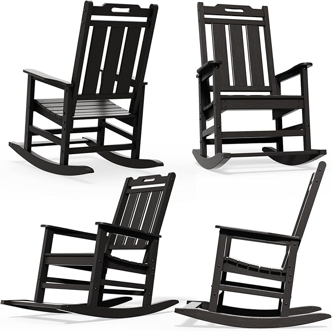 Rocking Chair, Outdoor Rocking Chair for Adults, HDPE Outdoor Chairs with Footboard, All Weather Resistant Porch Rocker, Black