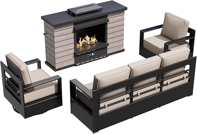 Outdoor Aluminum Furniture Set, 4-Piece Patio Conversation Set, 2 Swivel Chairs, 1 Sofa and 1 Fireplace, All-Weather Metal Frame, 6" Thick Removable Cushions, Deep Setting for Garden and Porch