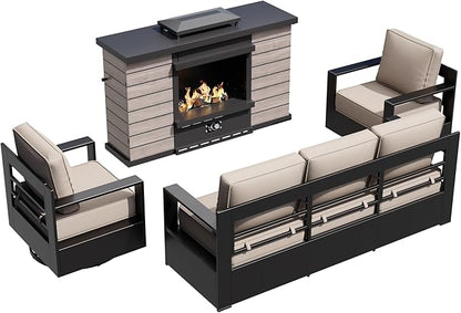 Outdoor Aluminum Furniture Set, 4-Piece Patio Conversation Set, 2 Swivel Chairs, 1 Sofa and 1 Fireplace, All-Weather Metal Frame, 6" Thick Removable Cushions, Deep Setting for Garden and Porch