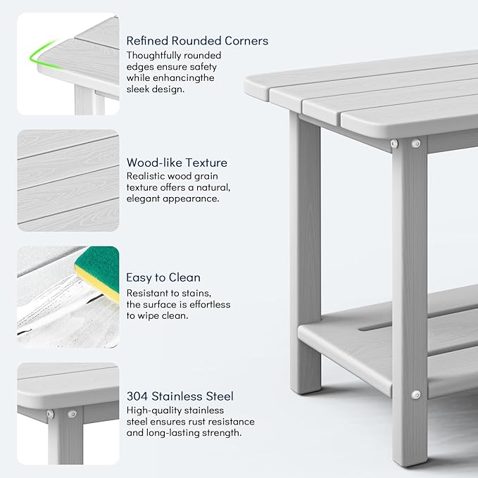 nevilywood Adirondack Square Side Table - 18.4" Large Panel HDPE Outdoor End Table - Weatherproof, Rustproof & Low Maintenance for Patio, Lawn, Pool, Indoor Use (White)