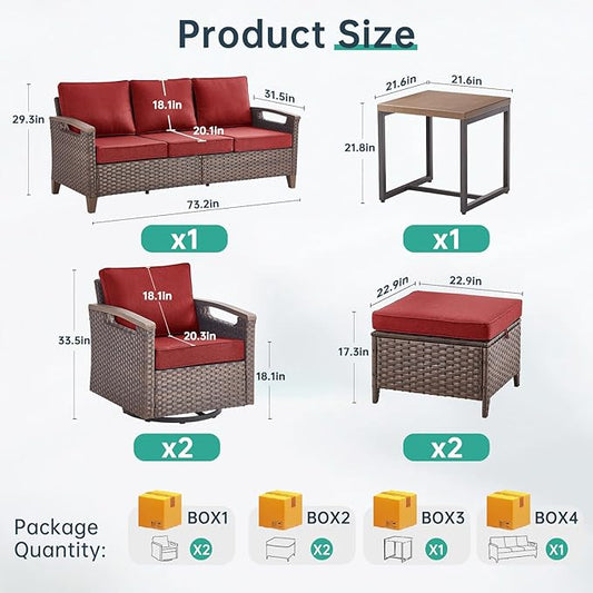 Luxury 6 Piece Heavy Duty Patio Furniture Set with Swivel Chairs - All Weather Wicker Comfort Thick Cushion Outdoor Conversation Set with 3 Seat Sofa & Ottoman for Porch Poolside Deck - Red