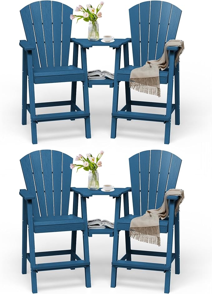 Tall Adirondack Chairs Set of 4, HDPE High Adirondack Chairs with Double Removable Trays, All Weather Outdoor Barstools for Patio, Balcony, Backyard, Deck and Garden, NavyBlue