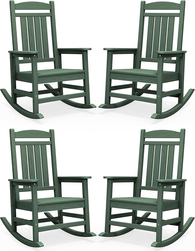 SERWALL HDPE Outdoor Rocking Chair Set of 4, Oversized Patio Rocking Chairs, All-Weather Porch Rockers for Adults, Green