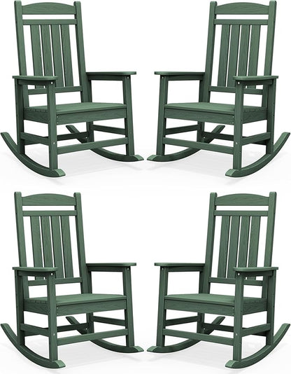 SERWALL HDPE Outdoor Rocking Chair Set of 4, Oversized Patio Rocking Chairs, All-Weather Porch Rockers for Adults, Green