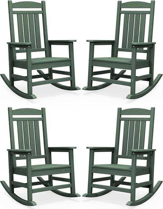 SERWALL HDPE Outdoor Rocking Chair Set of 4, Oversized Patio Rocking Chairs, All-Weather Porch Rockers for Adults, Green